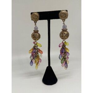 Vintage Gold Tone Multicolor Beaded Cluster Dangle Earrings